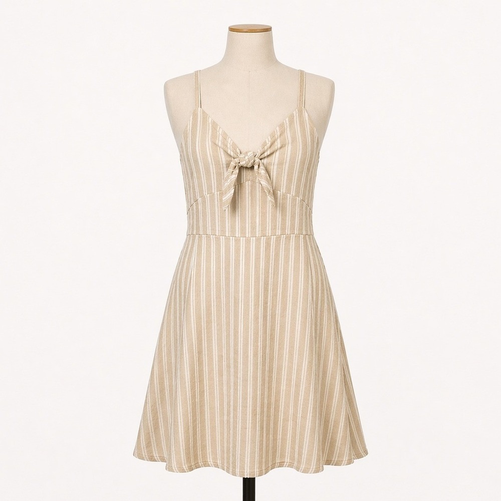 Hollister Striped Linen Tie Front Mini Sun Dress Sz S Tan Coastal Resort Preppy